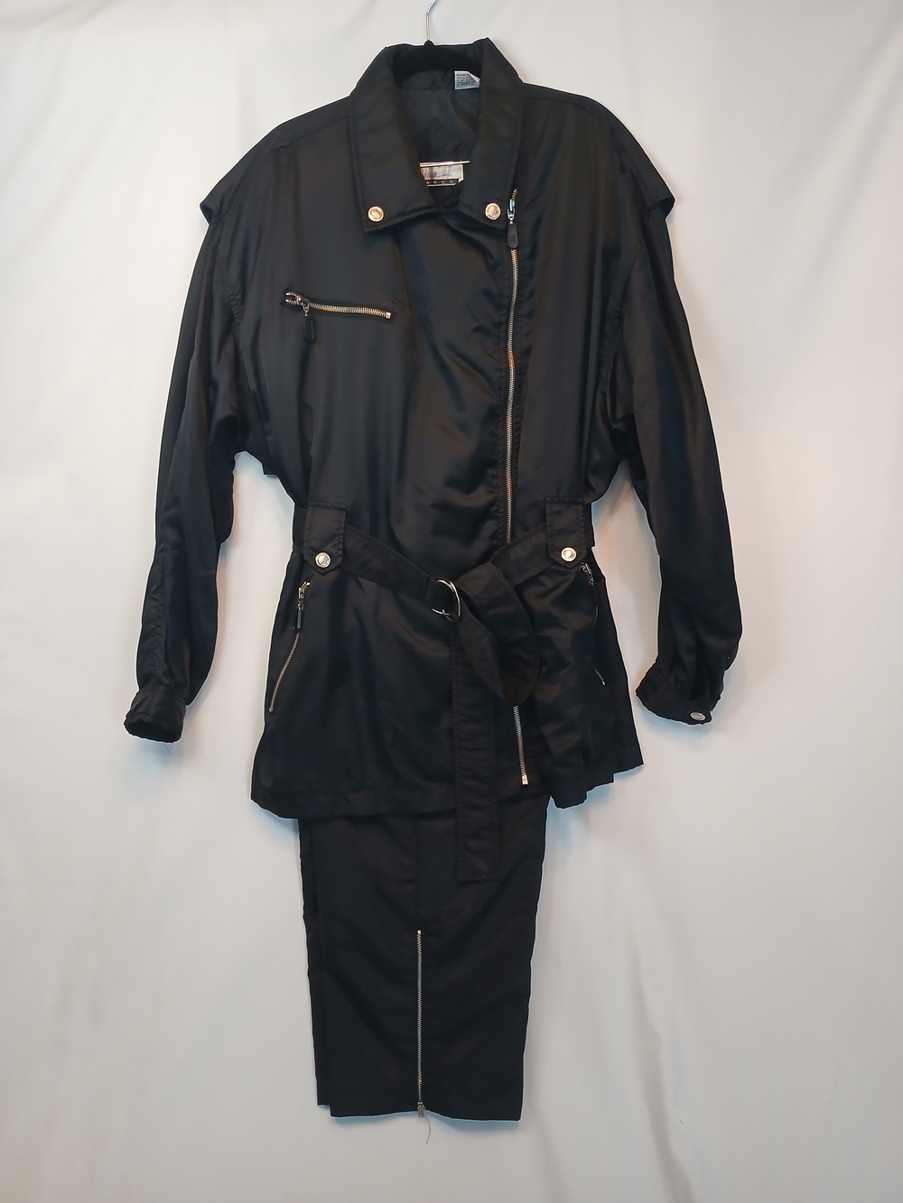 Black & Silver Edgy Trench Style Jacket & Biker Pants Set 2X Vintage